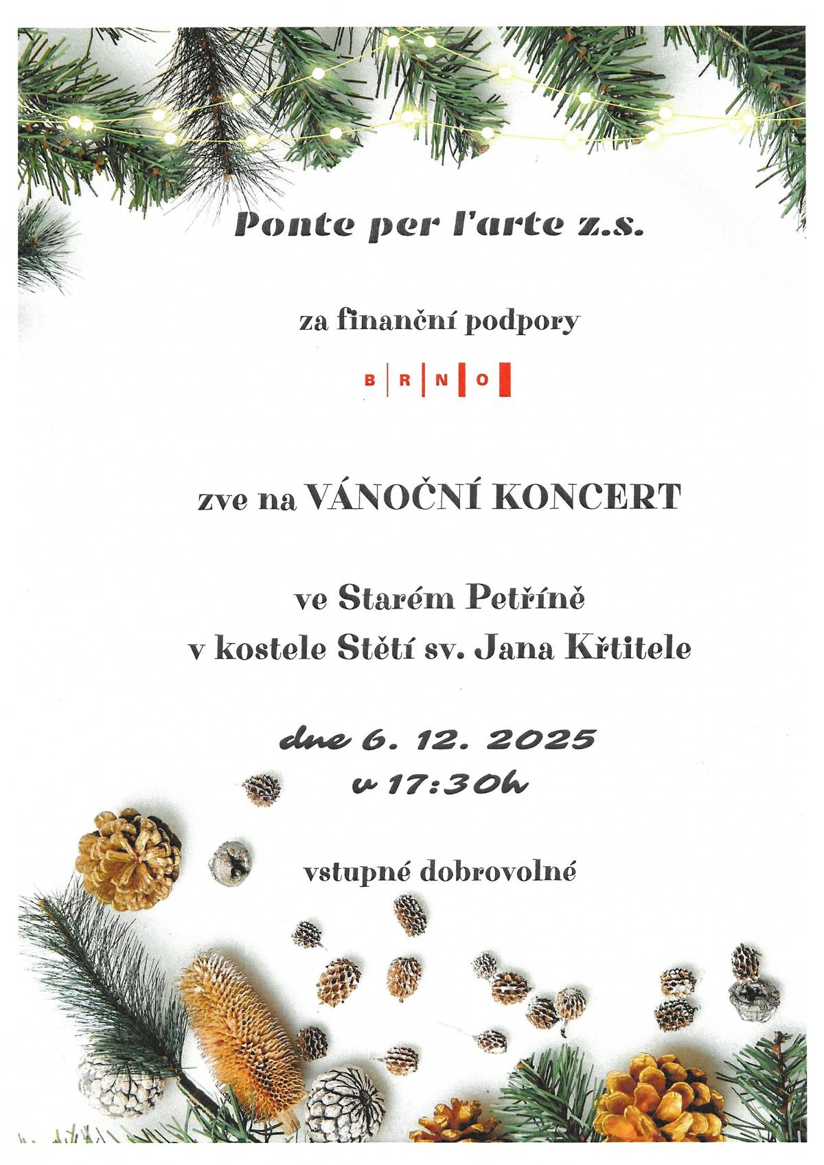 Pozvánka na vánoční koncert ve Starém Petříně, který se koná v sobotu dne 6.12.2025 v 17:30 hod. v kostele Stětí sv. Jana Křtitele.