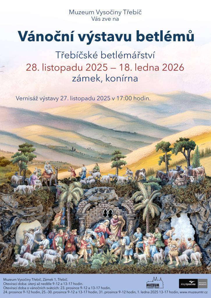 zveme Vás na slavnostní zahájení tradiční vánoční výstavy  betlémů [1], které se bude konat ve čtvrtek 27. listopadu od 17:00 v  zámecké konírně.    Vánoční výstava betlémů se opět zaměří na třebíčskou  betlemářskou tvorbu.  Letošní výstava se však nesoustředí jen na betlémy, ale i na  Vánoce jako t