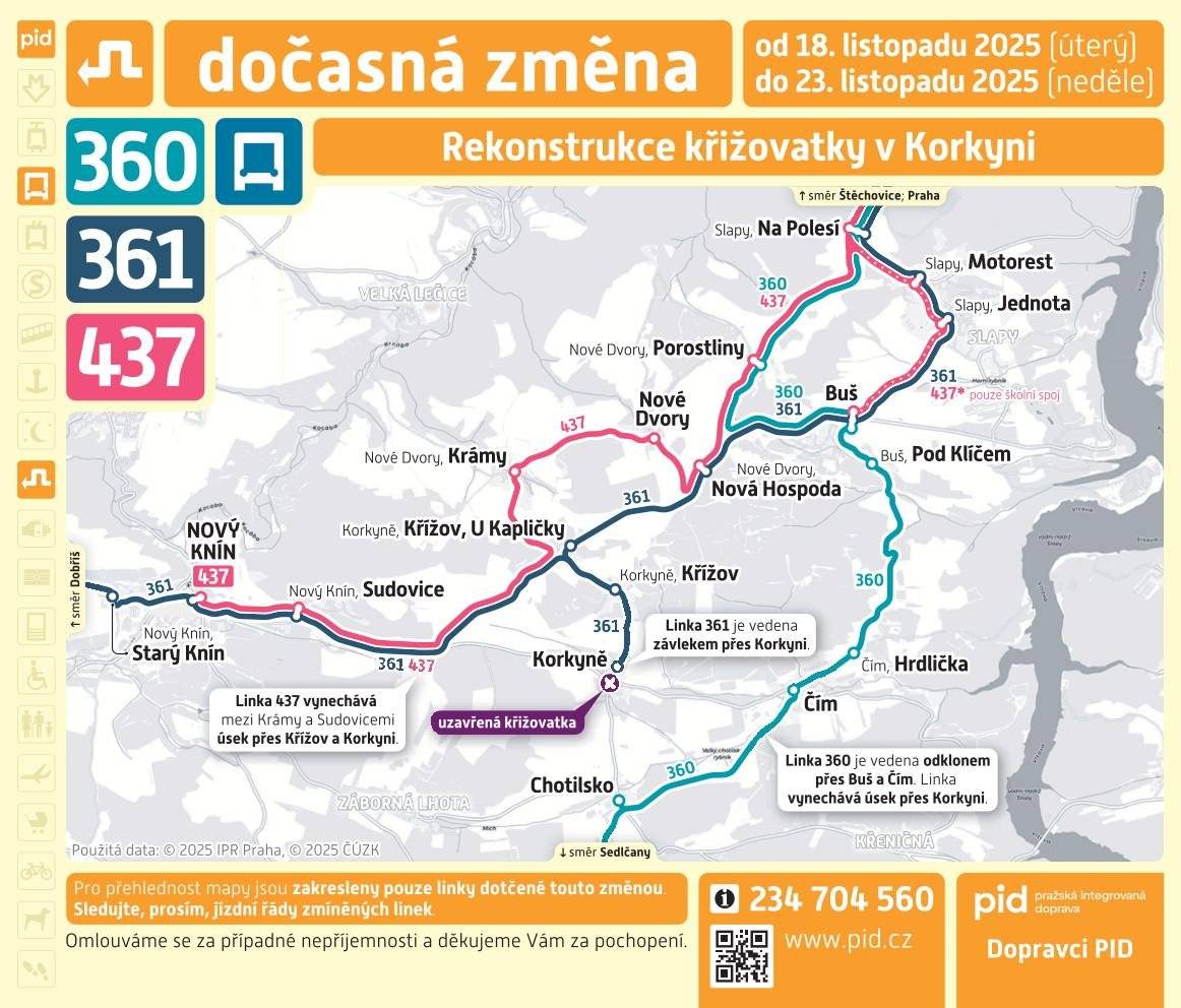 Ve dnech 18.11. – 23.11.2025 bude uzavřena křižovatka v obci Korkyně. Z tohoto důvodu dojde k dočasné změně na linkách PID č. 360, 361 a 437. Výlukové JŘ naleznete na stránkách www.pid.cz.