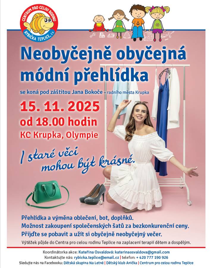 Srdečně vás zveme na módní přehlídku, která vám ukáže, že i staré věci mohou být krásné. Dáme použitému oblečení druhou šanci a nabídneme ho dalším lidem. Přijďte se podívat a užít si hezký večer v sobotu 15. listopadu od 18 hodin do KC Krupka, Olympie. Pokud máte oblečení, které chcete věnovat, přijďte v dostatečném časovém předstihu.  Společně si užijeme přehlídku i výměnu oblečení. Vstupné zdarma.