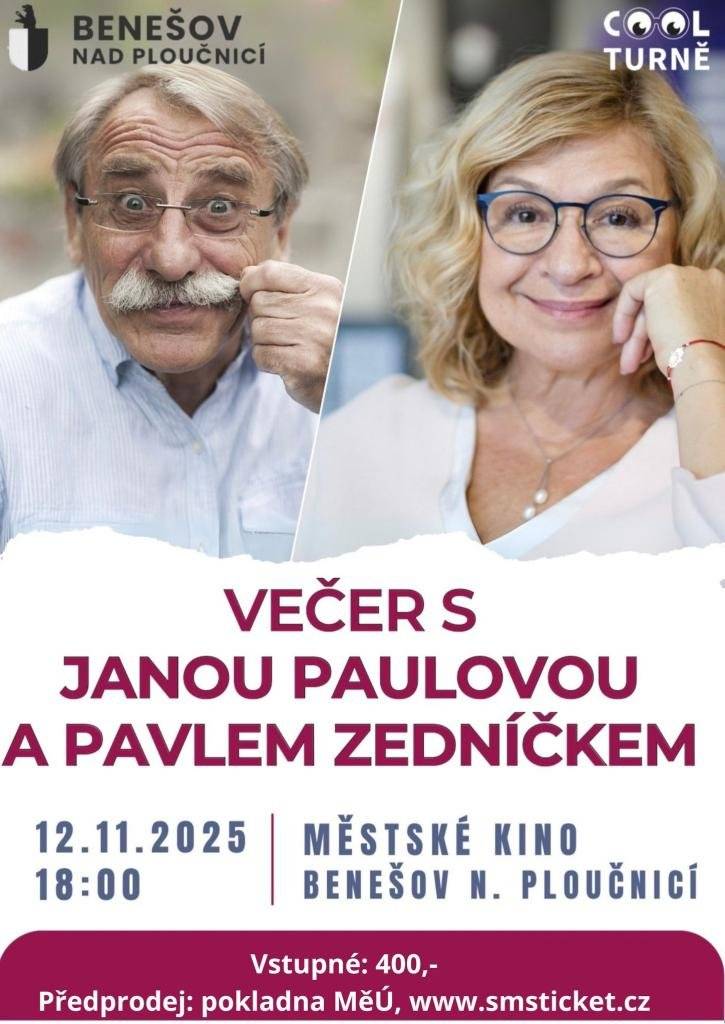 Pavel Zedníček a Jana Paulová, dva vynikající herci, kteří velice často tvoří hereckou dvojici na divadelních scénách. V poslední době vynikají například v komedii "Bez předsudků". Jejich smysl pro humor i improvizační schopnosti jsou diváky přijímány doslova s nadšením.Místo :Městské kino Benešov nad Pl.,dne 12.11.2025  : začátek v 18:00 hod,vstupné 400,-kč.