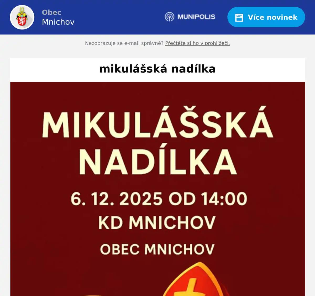 Obec Mnichov pořádá mikulášskou nadílku pro místní děti, která se koná 5. prosince 2025. Akce slibuje spoustu zábavy a setkání s Mikulášem, který přinese dárky pro děti.