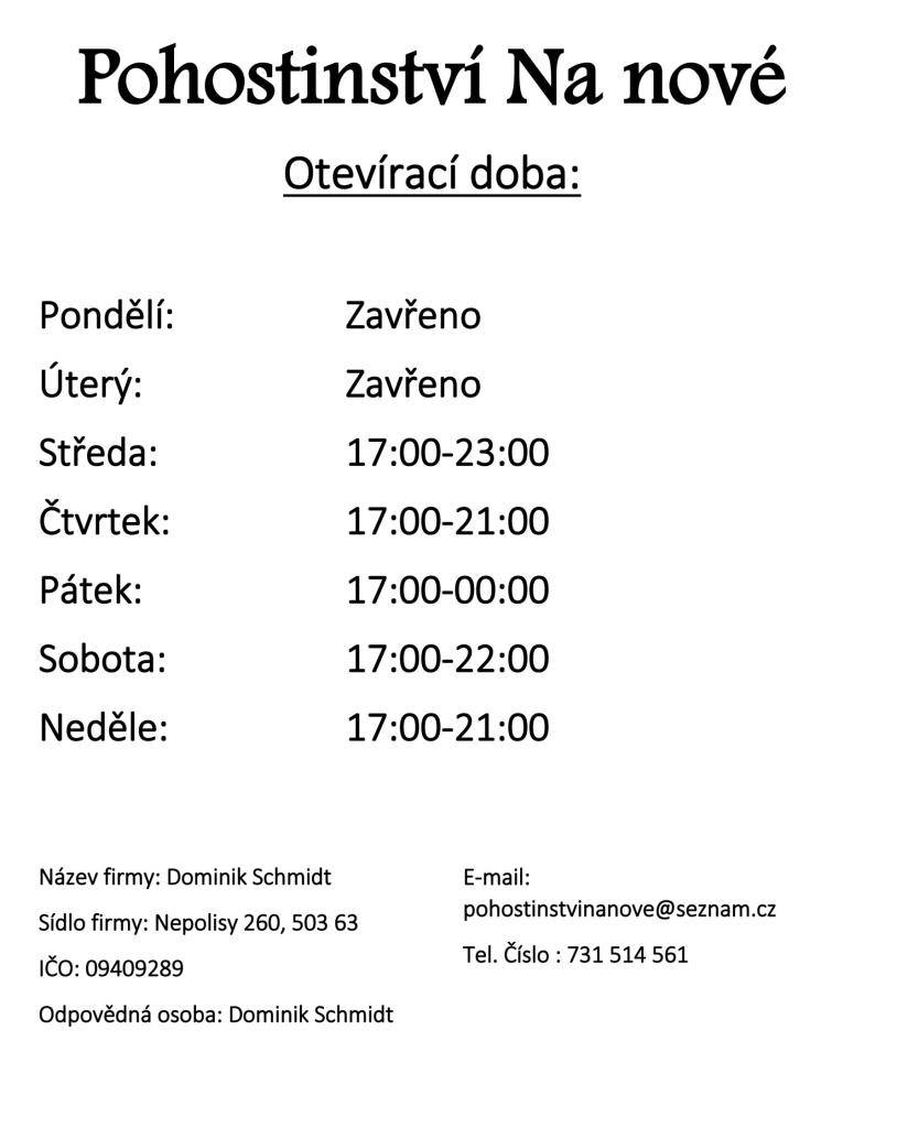 Otevírací doba pohostinství Na Nové platná od 7.11.2025.