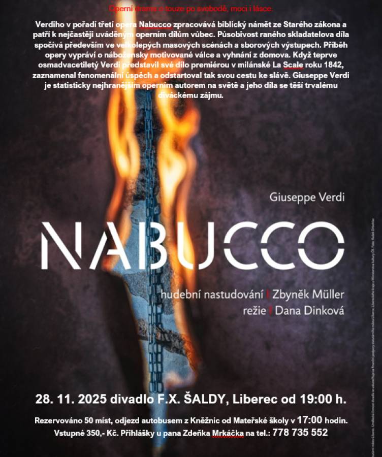 Představení se koná 28.11.2025 od 19:00 hodin. Rezervováno je 50 míst. Vstupné 350,-Kč. Odjezd bude autobusem v 17:00 hodin od Mateřské školy v Kněžnicích. Místa si prosím rezervujte u pana Zdeňka Mrkáčka na tel.. 778 735 552.