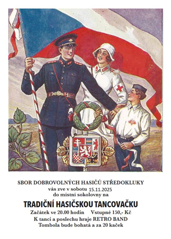 Hasiči ze Středokluk zvou 15.11. 2025 od 20:00 na tancovačku v místní sokolovně. Vstupné 150kč. Těšíme se na vás