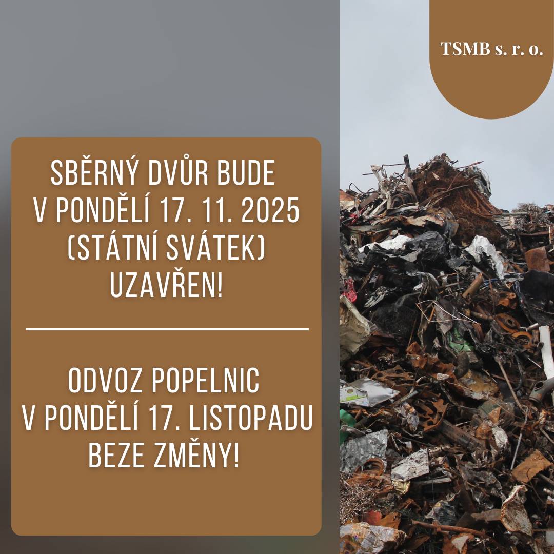 Sběrný dvůr bude 17. listopadu uzavřen. Odvoz popelnic proběhne 17. listopadu v Moravských Budějovicích a integrovaných obcích beze změny. Poslední svoz bioodpadu z hnědých popelnic proběhne 20. listopadu 2025.