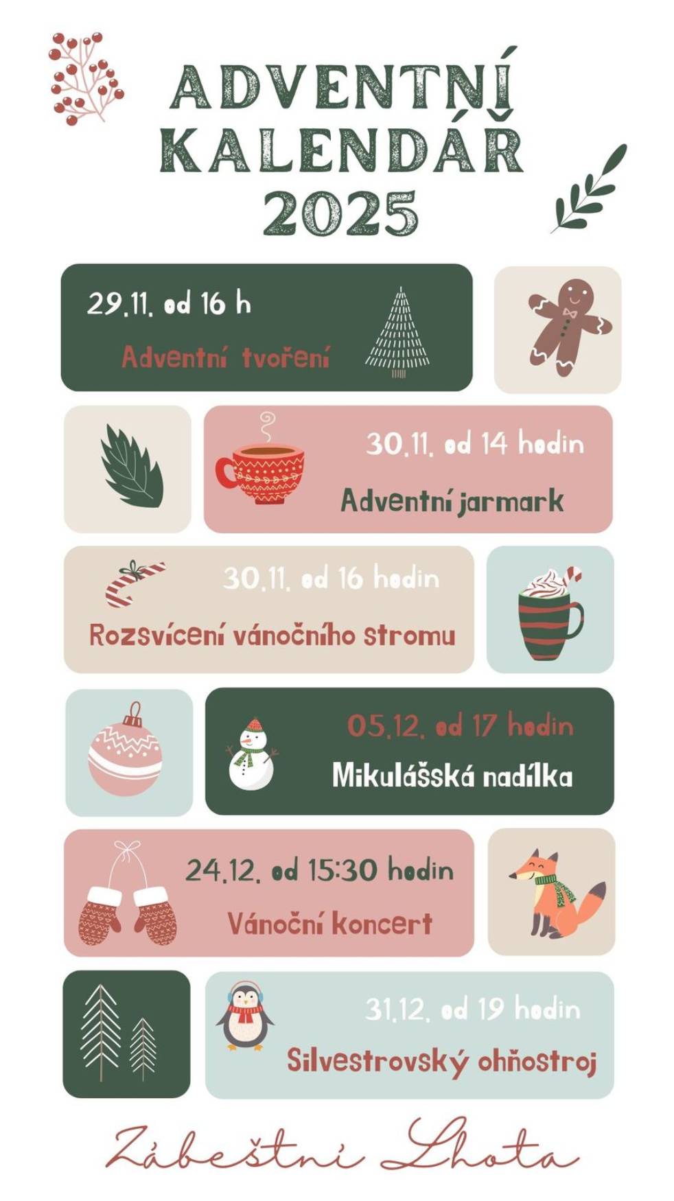 Vážení občané, přinášíme Vám Adventní kalendář naší obce, kde jsou uvedeny všechny akce konající se do konce letošního roku. Najdete ho na druhé straně listopadového kalendáře, webu a FB obce či ve vývěsce. Tak ať Vám nic neuteče :) Přejeme hezký den.