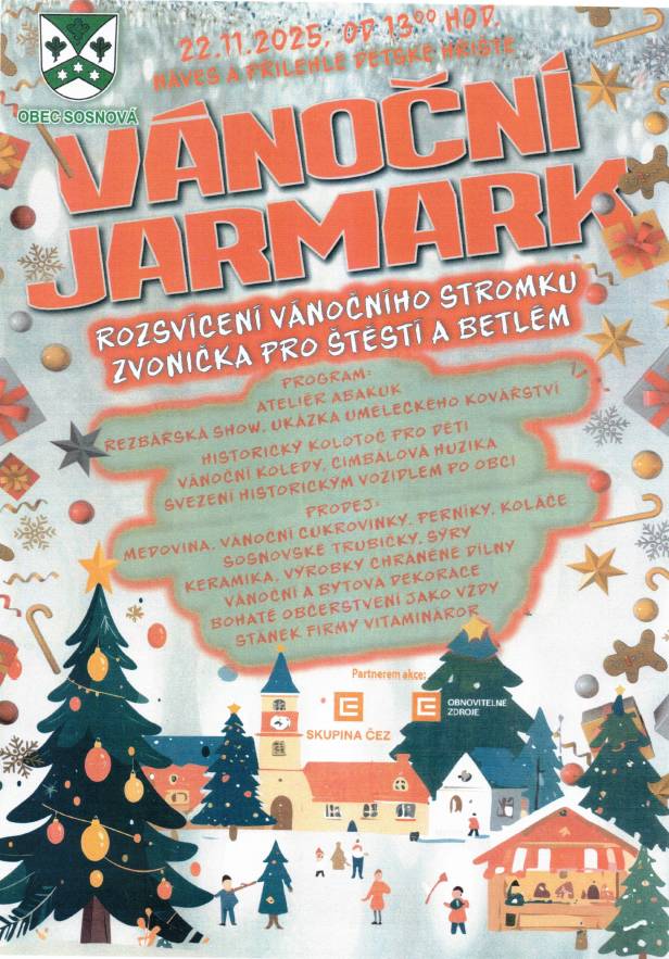 Vánoční jarmark se uskuteční v sobotu dne 22.11.2025 od 13 hod. Více informací v plakátu níže. Budeme se na všechny moc těšit.