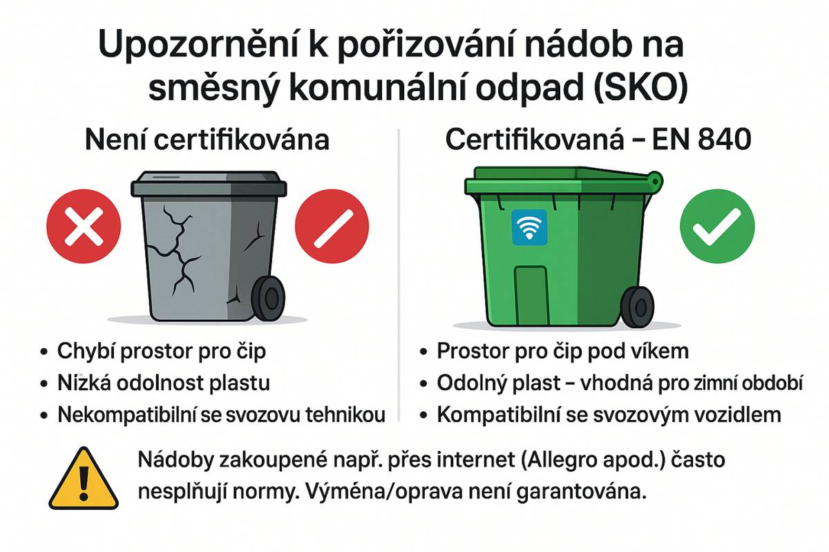 Obec se v současnosti potýká s několika případy, kdy si obyvatelé pořídili necertifikované nádoby na SKO. Tyto nádoby bohužel nesplňují požadované technické parametry a nejsou vhodné pro zapojení do systému svozu odpadu.