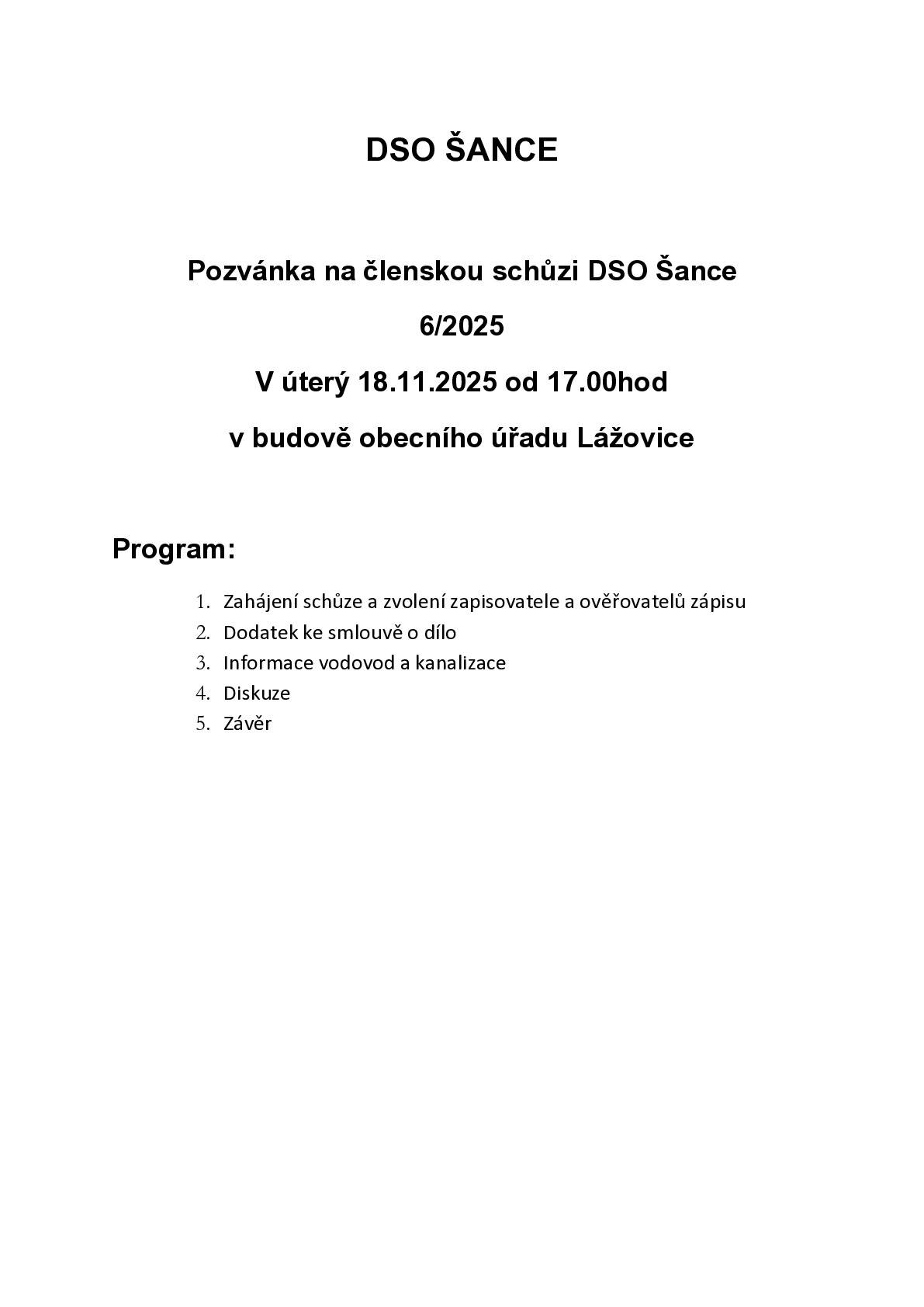 Pozvánka na členskou schůzi DSO Šance