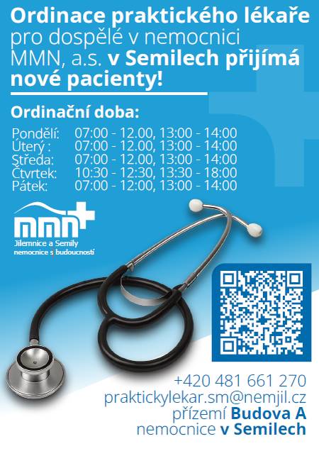 Ordinace praktického lékaře pro dospělé v nemocnici MMN, a.s. v Semilech přijímá nové pacienty.