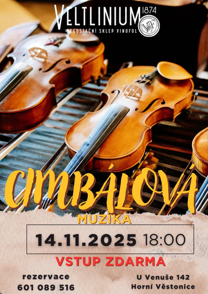 Degustační sklep Veltlinium 1874 v Horních Věstonicích Vás zve na hudební večer v pátek 14.11.2025 . Během večera bude hrát Cimbálová muzika . Začátek v 18:00. Vstup ZDARMA. Rezervace na tel.: 601 089 516.