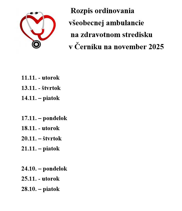 Rozpis ordinovania lekárov všeobecnej ambulancie na november 2025
