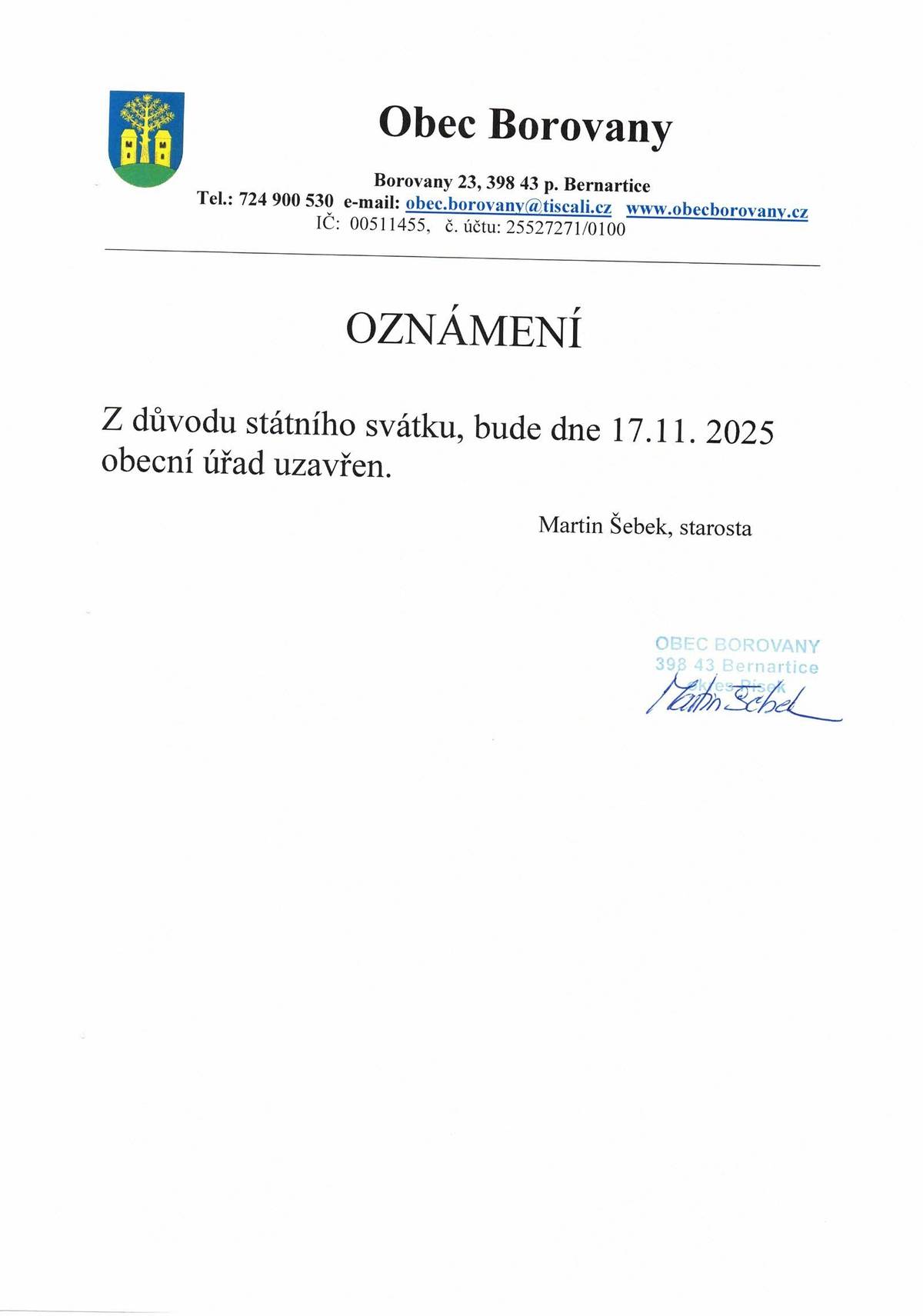 OZNÁMENÍ O UZAVŘENÍ OÚ BOROVANY