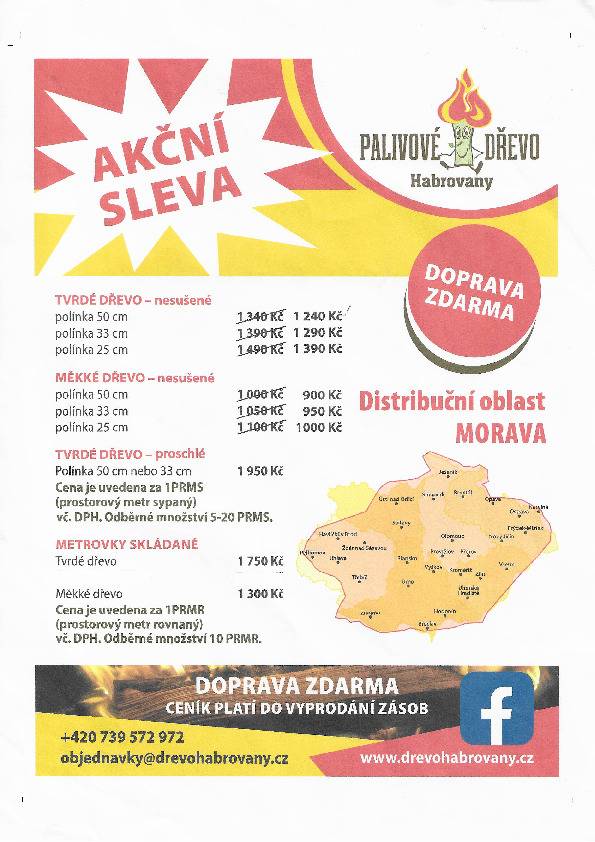 Palivové Dřevo Habrovany nabízí slevu 500 Kč při objednání 10ti a více sypaných metrů palivového dřeva. Platnost od 5.11. do 30.11.2025. Objednávejte na telefonním čísle : 739 572 972  (8-15h), nebo na www.drevohabrovany.cz.