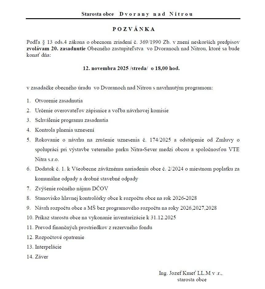 Pozvánka k 20. zasadnutiu ObcZ Dvorany nad Nitrou.