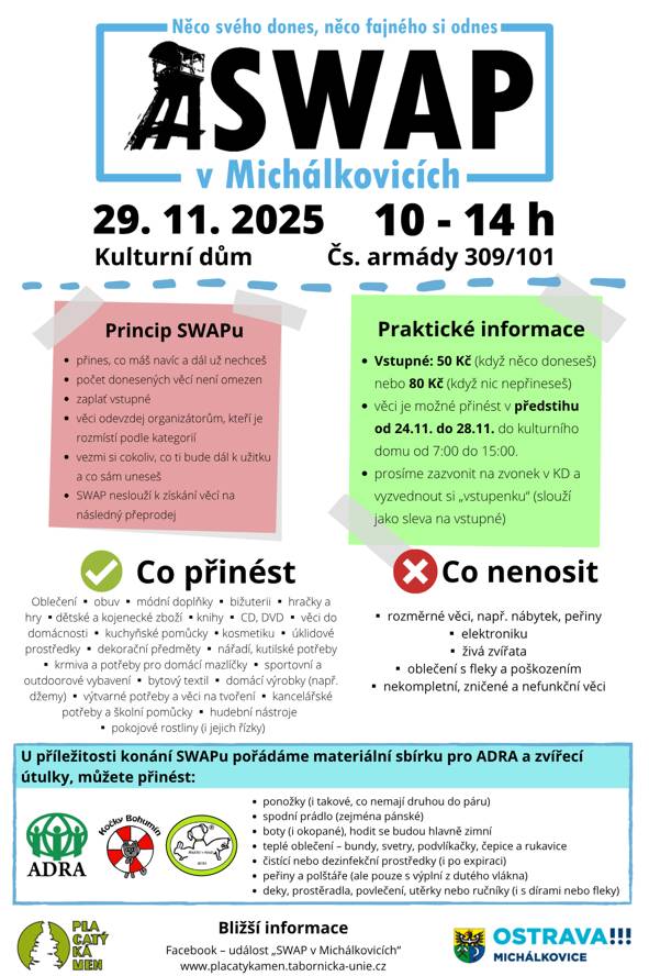 Kde se koná: • Kulturní dům, Čs. armády 309/101, Michálkovice   Kdy se koná: • 29. listopadu 2025 • 10:00–14:00   Jaký má SWAP přínos pro občany: • umožňuje předat věci, které už doma neslouží, a získat jiné, které se hodí • šetří peníze díky možnosti získat potřebné věci bez nakupování • pomáhá snižovat množství odpadu a podporuje udržitelnost • podporuje komunitu, protože lidé si navzájem pomáhají • vytváří příležitost objevit užitečné nebo originální věci • umožňuje darovat věci dál, místo aby zbytečně končily jako odpad