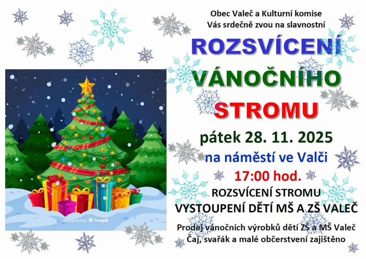 Rozsvícení vánočního stromu proběhne v pátek 28.11.2025 od 17:00 hodin na  náměstí ve Valči.