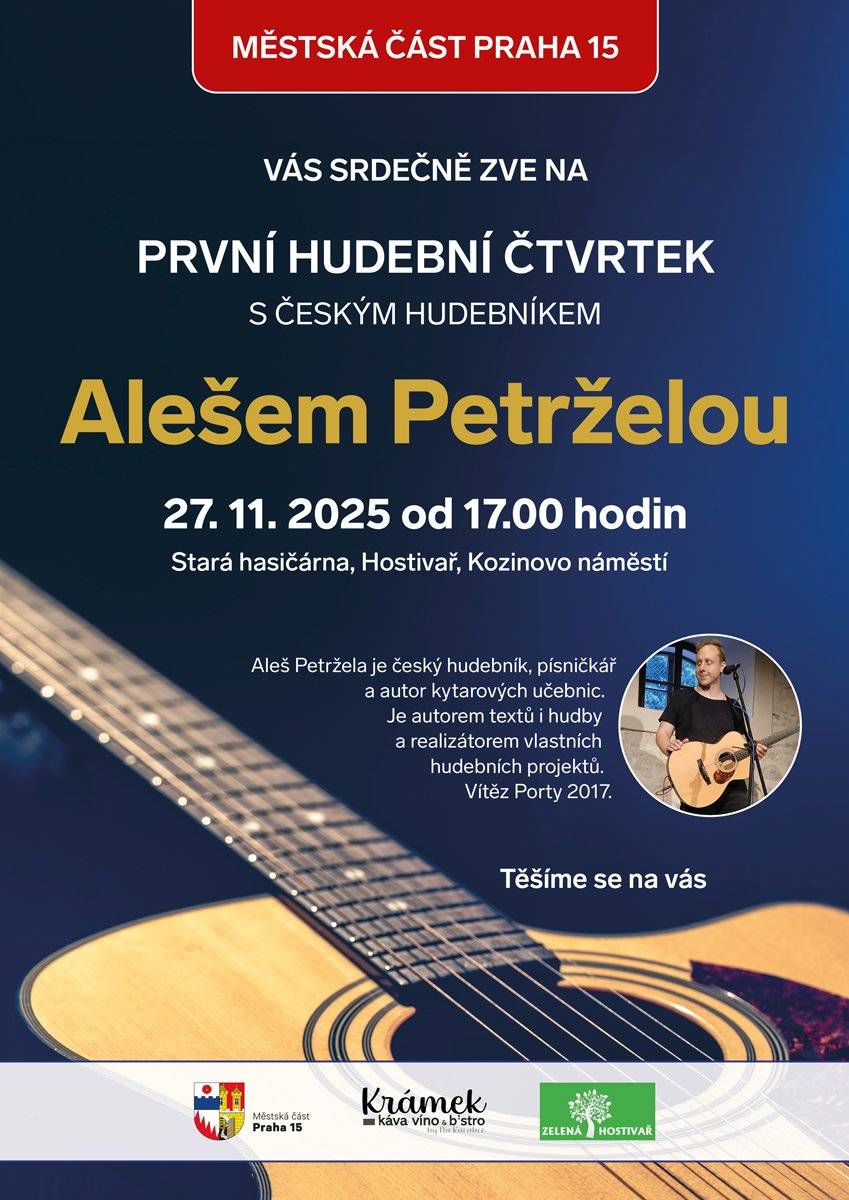 Přijďte si užít příjemný podvečer s folkovým zpěvákem Alešem Petrželou už ve čtvrtek 27. listopadu od 17 hodin ve Staré hasičárně v Hostivaři (Kozinovo náměstí). Těšit se můžete na pohodovou atmosféru, hudbu i setkání se sousedy.