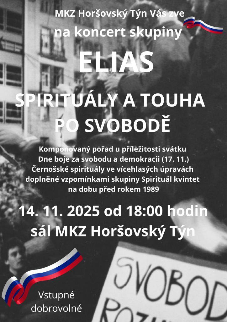Oslavte Den boje za svobodu a demokracii s pořadem "Spirituály a touha po svobodě" 14. listopadu od 18:00 hodin v sále Městského kulturního zařízení.