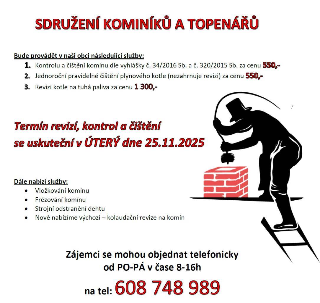 V úterý 25.11. bude Sdružení kominíků a topenářů provádět v naší obci kominické služby