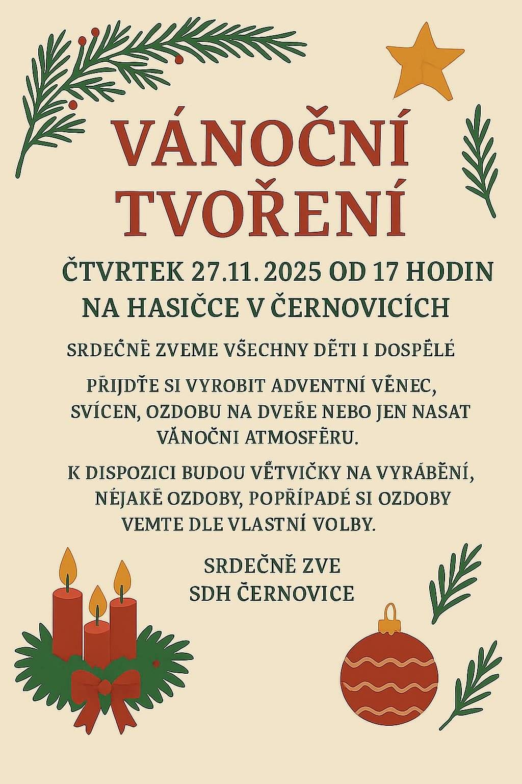 Vánoční tvoření - čtvrtek 27.11.2025 v 17 hodin na hasičce.