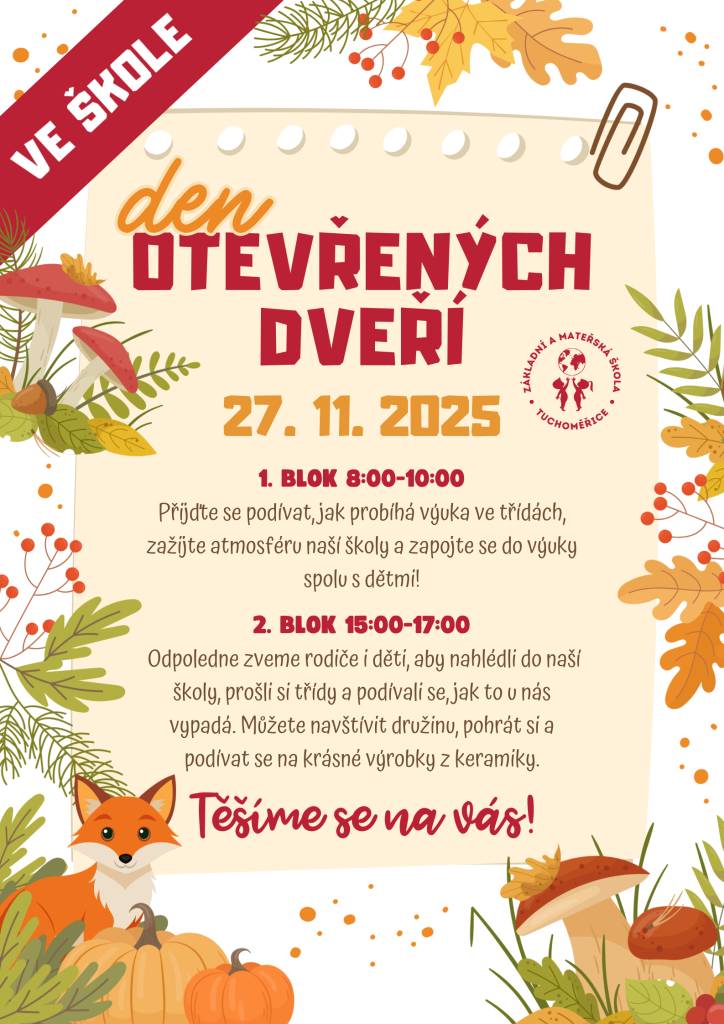 Přijďte se podívat, jak to u nás chodí, nahlédnout do výuky a společně s dětmi zažít atmosféru naší školy.