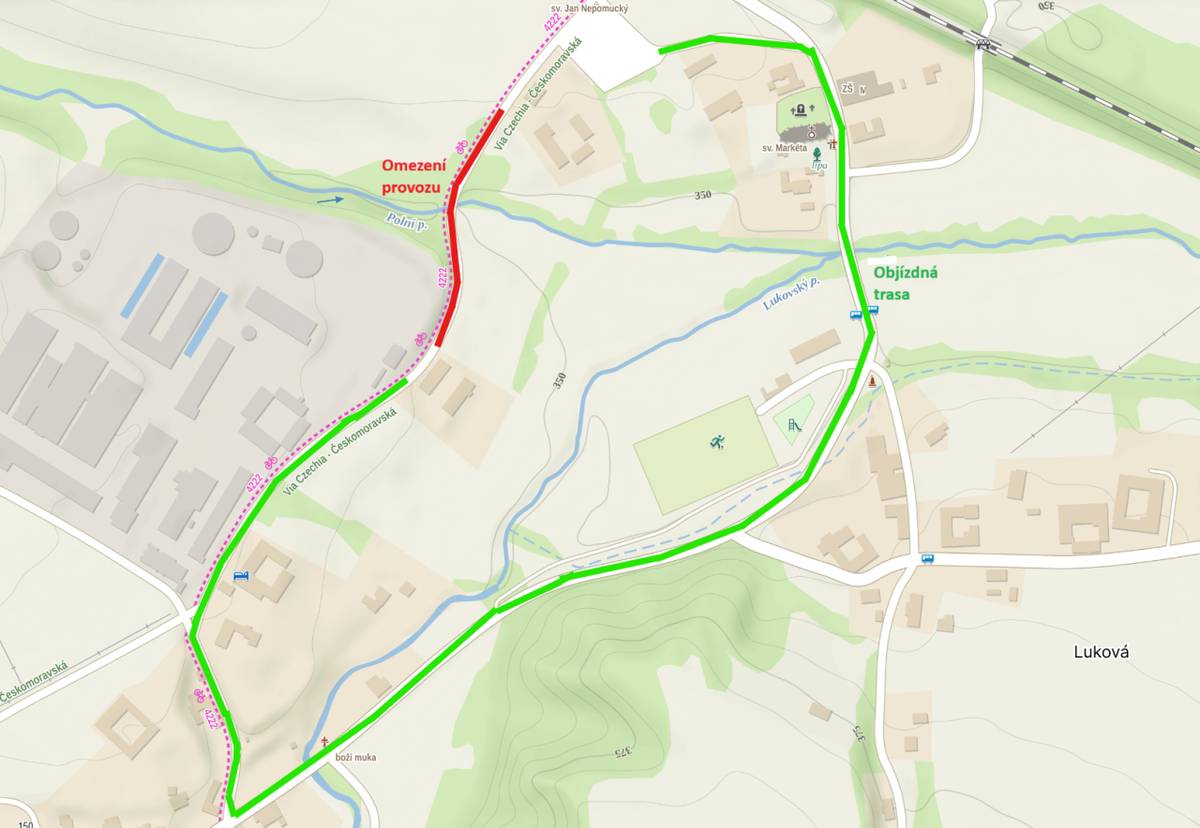 Z důvodu výstavby kořenové čističky v areálu ZOD Žichlínek (středisko Luková) bude ve dnech 13.-14.11.2025 omezen provoz na účelové komunikaci č. 02u (poz. parc. č. 5146) – dle situace.