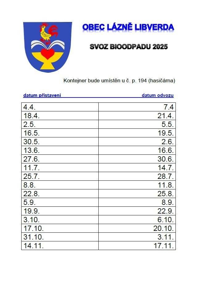 Vážení občané, připomínáme, že tento víkend 14.11. - 17.11.2025 je poslední přistavění kontejneru na bioodpad. Kontejner bude umístěn u č.p. 194 (hasičárna).