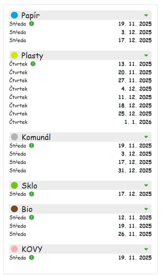 Harmonogram svozu odpadu nalznete zde v příloze nebo na stránkách ESKO-T - horní lišta INFORMAČNÍ CENTRUM – Harmonogram svozu a vyberete obec: https://esko-t-app.yashicadev.cz/?identifikator=43?obec=Knezice