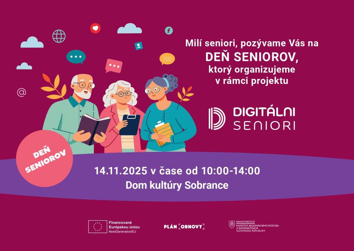 Mesto Sobrance organizuje „Deň seniorov“ v piatok, 14. novembra 2025, od 10:00 do 14:00 v Dome kultúry na Námestí Slobody. Podujatie sa koná v rámci špecifického projektu a je určené pre seniorov mesta.   Kedy: 14. novembra 2025, od 10:00 do 14:00  Kde: Dom kultúry, Námestie Slobody 580, Sobrance