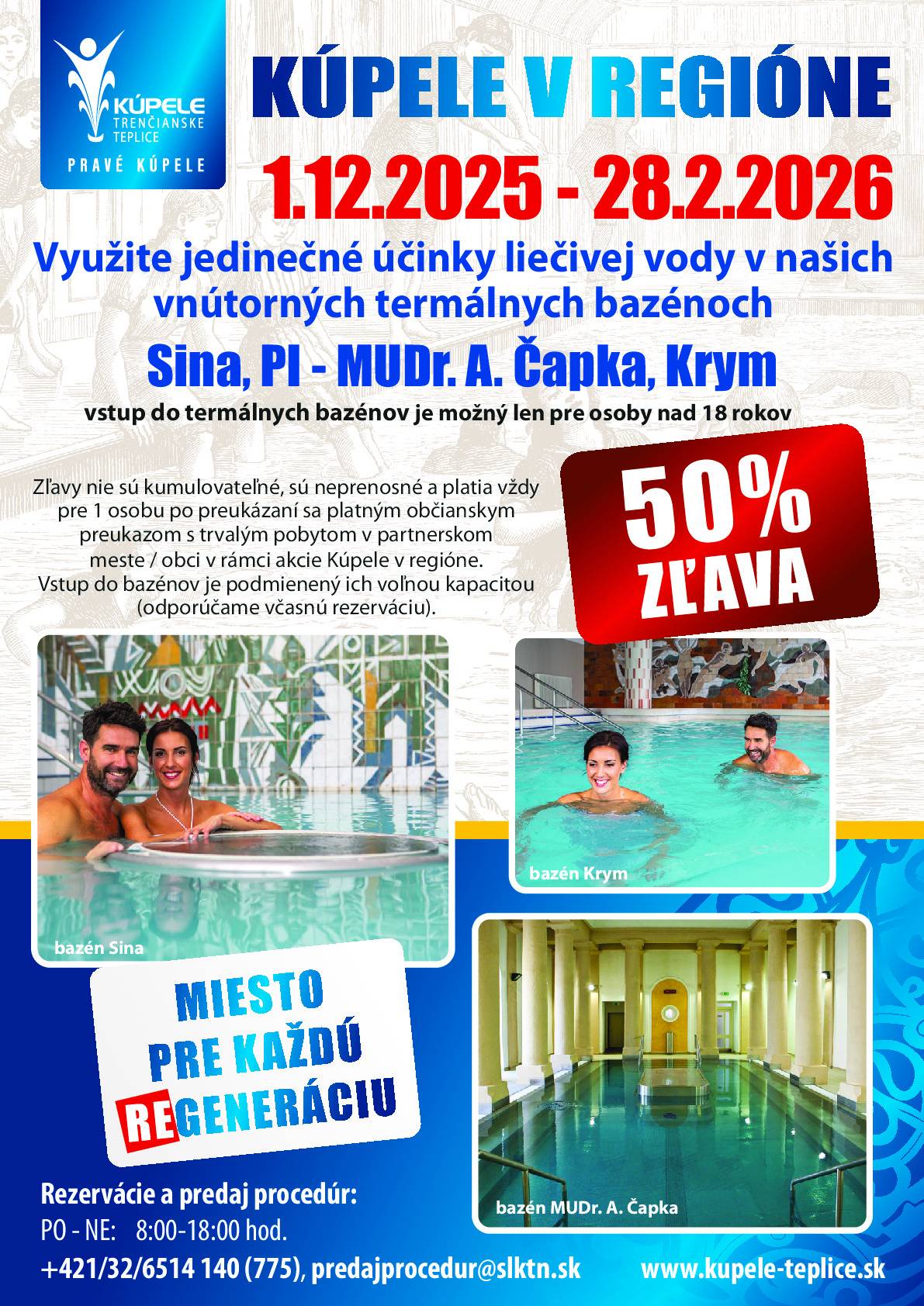 „Kúpele v regióne“ sa stali v zimnom období pevnou súčasťou kalendára kúpeľov a vyhľadávaným projektom, v rámci ktorého si môžu obyvatelia nášho regiónu dopriať účinky blahodarnej liečivej termálnej vody Trenčianskych Teplíc za zvýhodnených cenových podmienok.  V nadchádzajúcom ročníku, ktorý sa uskutoční od 1. decembra 2025 do 28.februára 2026, ponúkame obyvateľom zapojených miest a obcí 50 % zľavu z cien vstupov do termálnych bazénov SINA, PI (bazén MUDr. Čapka) a KRYM.