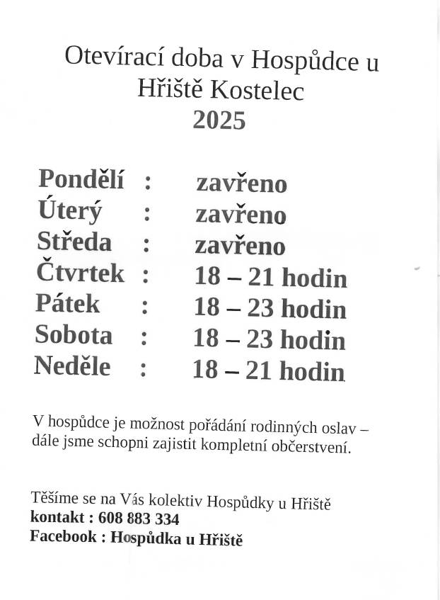 OTEVÍRACÍ DOBA V HOSPŮDCE U HŘIŠTĚ KOSTELEC 2025