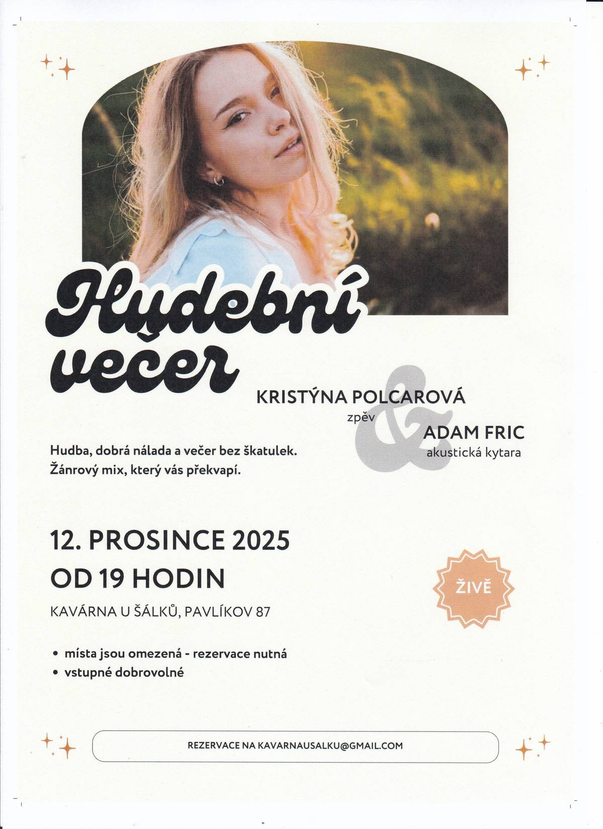 Hudební večer v Kavárně U šálků 12.12.2025 od 19:00 hod. Nutná rezervace, vstupné dobrovolné. kavarnausalku@gmail.com