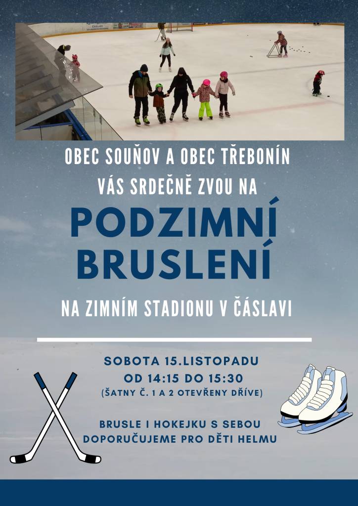 Přijďte si užít podzimní bruslení v sobotu 15. listopadu od 14:15 do 15:30. Šatny číslo 1 a 2 budou otevřeny dříve, abyste se stihli připravit.