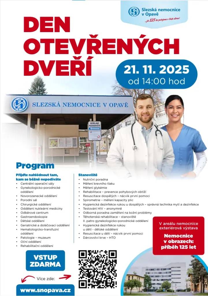 Rádi bychom Vás pozvali na Den otevřených dveří Slezské nemocnice v Opavě, který se uskuteční dne 21.11.2025 v prostorách nemocnice.