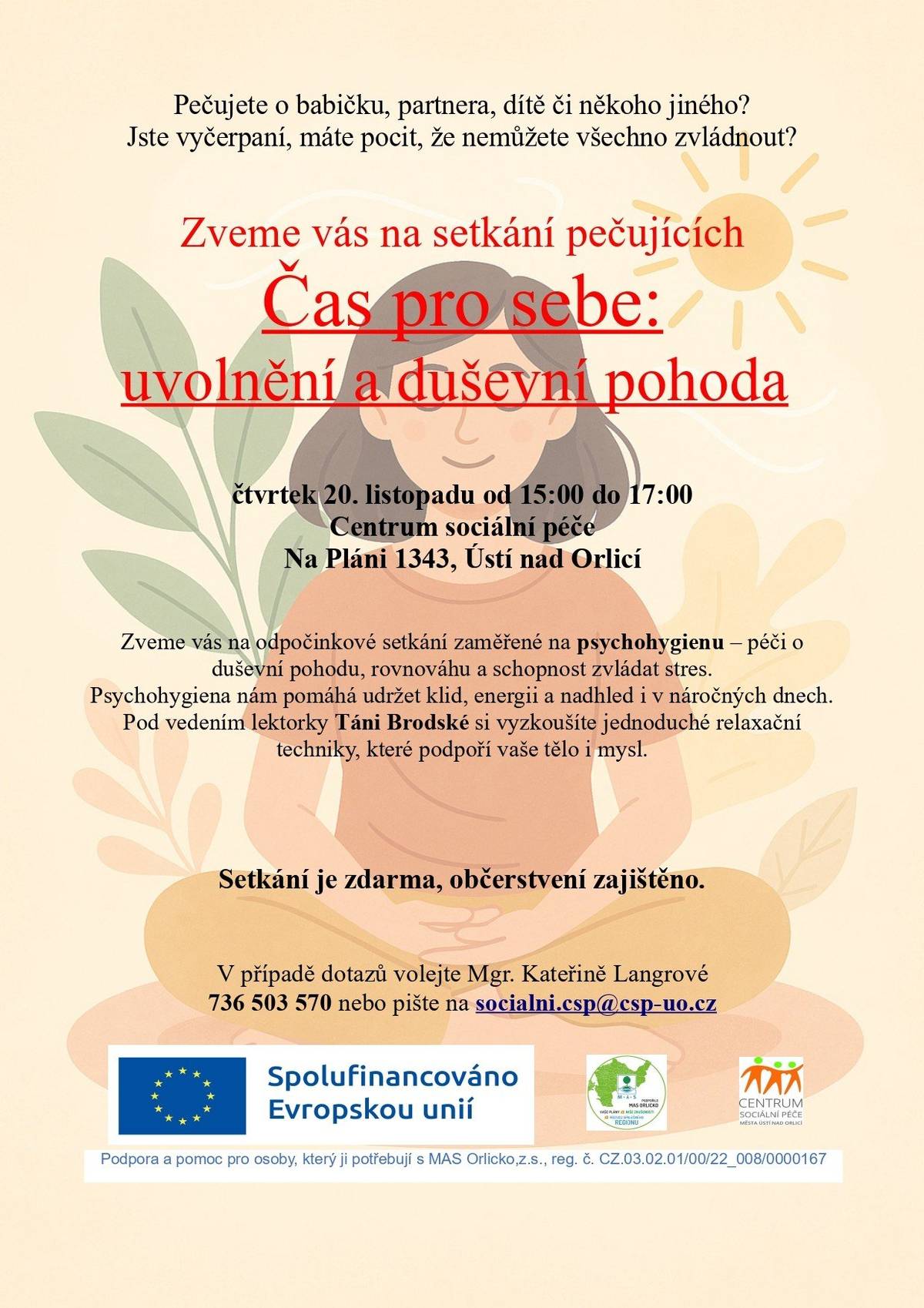 Centrum sociální péče Ústí na Orlicí zve na setkání pečujících dne 20.11.2025. Více informací na plakátě.