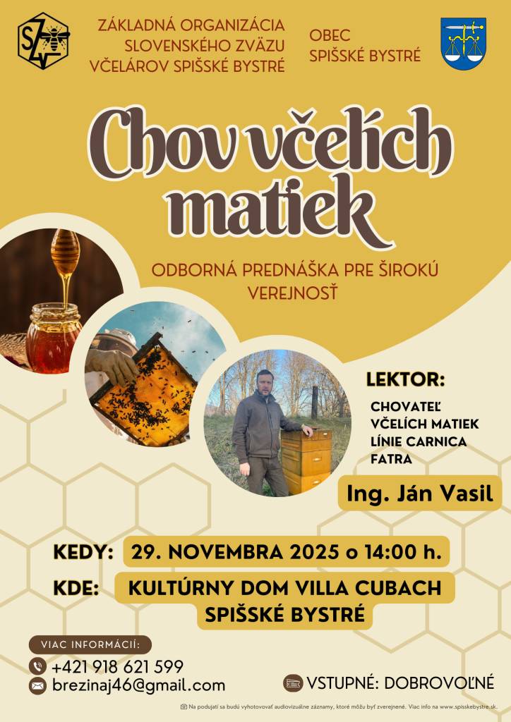 Chov včelích matiek - odborná prednáška pre širokú verejnosť - 29.11.2025 o 14:00 h Kultúrny dom Villa Cubach