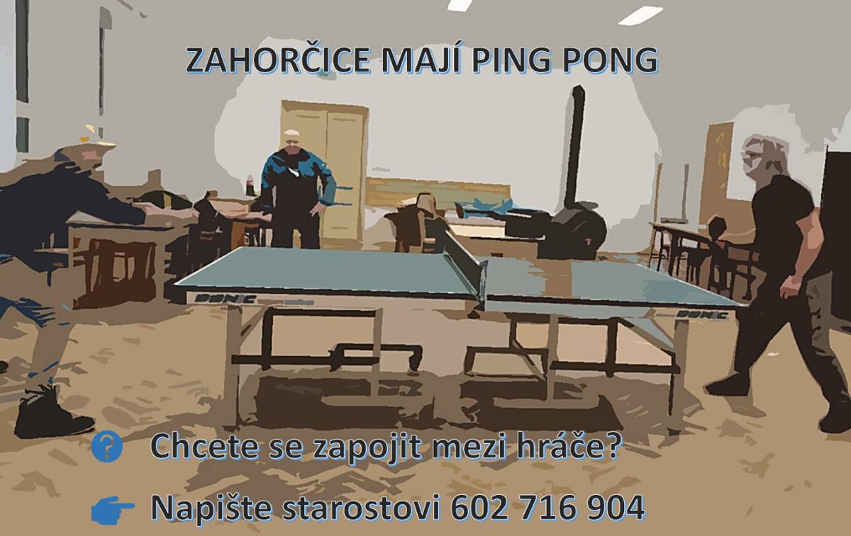 Pořídili jsme mobilní ping pongový stůl, který má sloužit zahorčickým lidem. Kdo má zájem ho využívat, napište starostovi na 602 716 904 - zapojíme vás mezi skupinku hráčů.