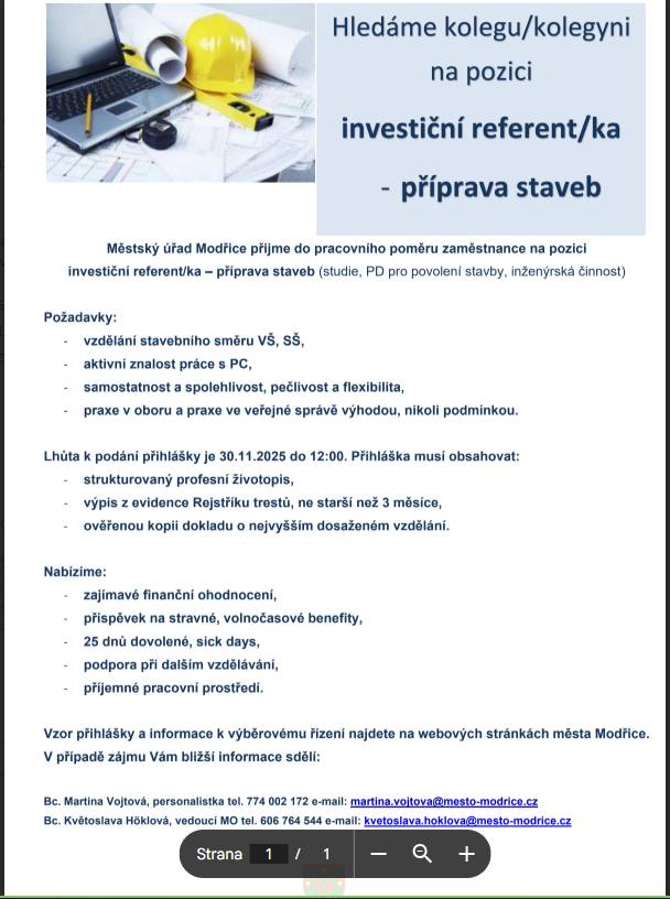 Investiční referent/ka - příprava staveb