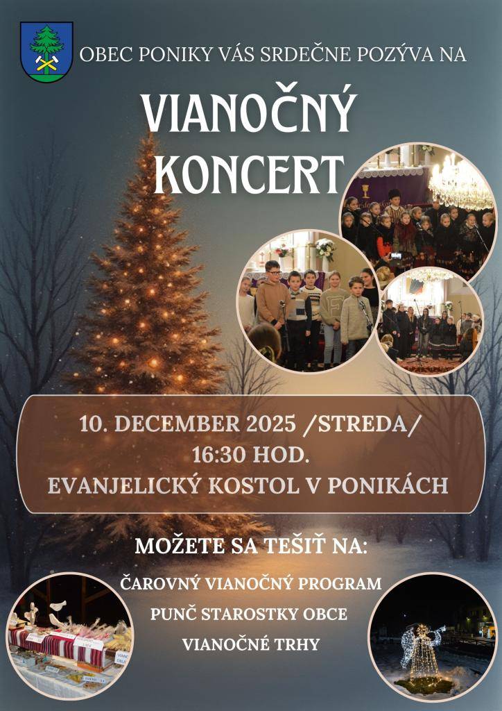 Obec Poniky Vás pozýva na Vianočný koncert s čarovným vianočným programom v Evanjelickom  kostole v Ponikách.
