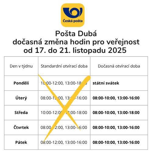 Pošta informuje o dočasné změně hodin pro veřejnost  provozovny 471 41 Dubá. Rozsah hodin pro veřejnost bude z provozních důvodů omezen  na nezbytně nutnou dobu  ve dnech 17.11.2025 - 21.11.2025.