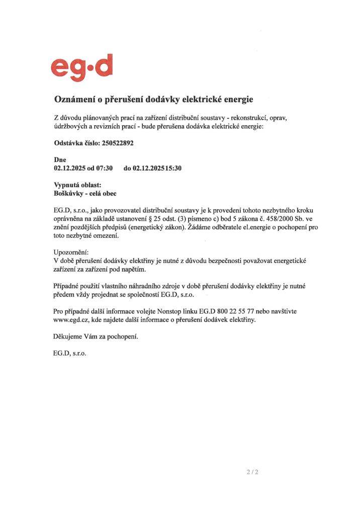 Přerušení dodávky elektrické energie Boškůvky- celá část