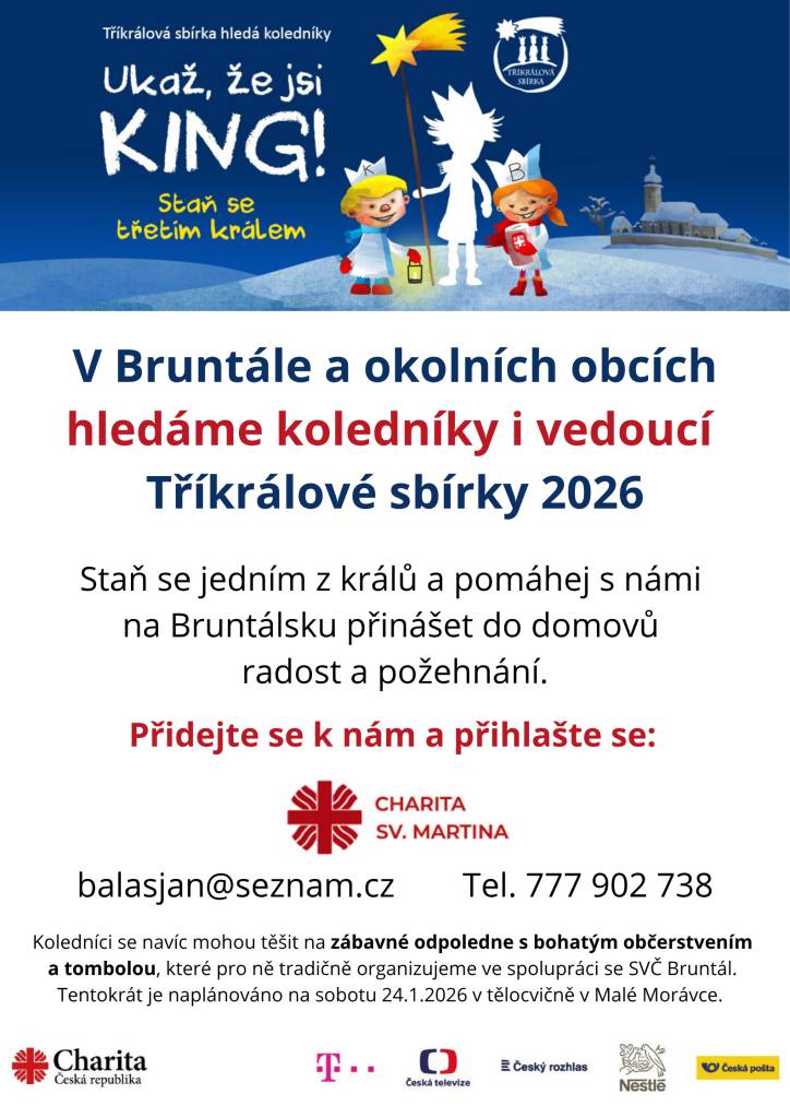 Tříkrálová sbírka 2026 v Bruntále a okolí hledá koledníky.