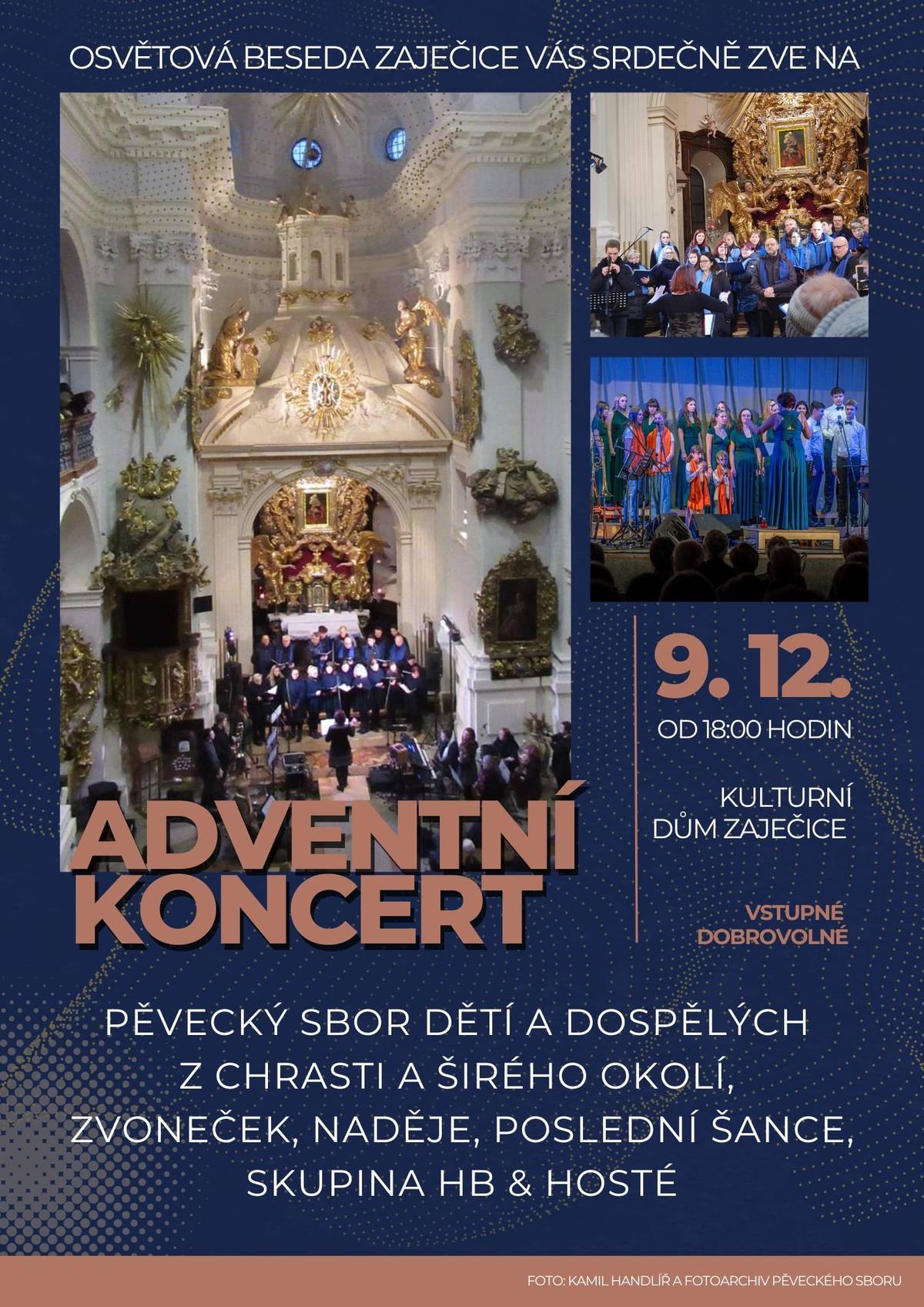 Osvětová beseda Zaječice Vás zveme na Adventní koncert, který se uskuteční v úterý 9.12.2025 od 18:00 hodin v Kulturním domě v Zaječicích. Přijďte se společně naladit na vánoční atmosféru a užít si večer plný krásné hudby, klidu a pohody. Těšíme se na Vás! Osvětová beseda Zaječice