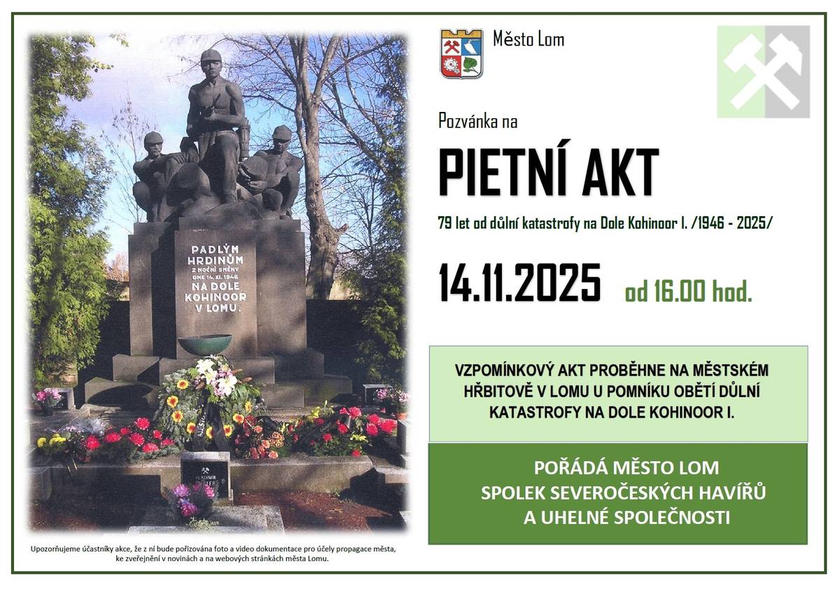 79 let od důlní katastrofy na Dole Kohinoor I. Zveme Vás na pietní vzpomínkový akt, který proběhne dne 14.11.2025 na městském hřbitově od 16 hodin.