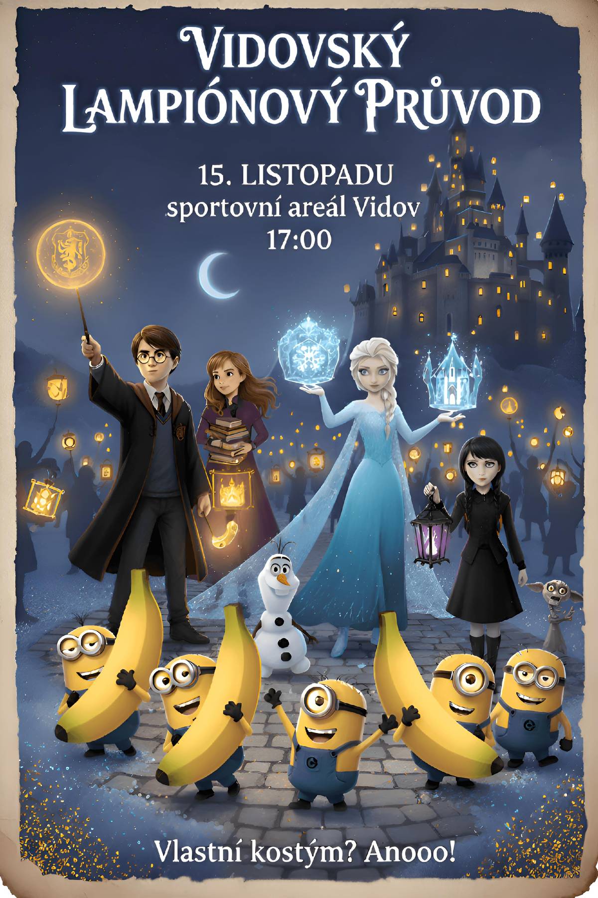 Lampiónový průvod se uskuteční v sobotu 15.11. 2025. Sraz a začátek průvodu je v pergole ve sportovním areálu. Průvod vyrazí v 17:00, okruh meří cca 1 000m. Letošní průvod je ve znamení dětských filmů LEDOVÉ KRÁLOVSTVÍ, MIMONI, HARRY POTTER a WEDNESDAY. Po splnění lehkých úkolů děti dostanou drobné odměny. K dispozici bude teplý čaj a buřty zdarma, které si budou moci zájemci opéct na ohni po skončení průvodu. Vlastní kostýmy vítány, těšíme se na vás!!!