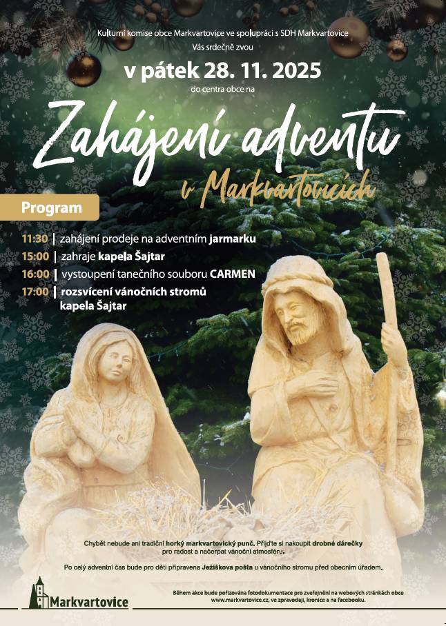 Na jarmarku si můžete zakoupit širokou škálu drobných dárků od stálých i nových prodejců 👍. K dispozici bude med a medové výrobky, cukroví, perníčky, bižuterie, výrobky z drátku, ručně háčkované košíčky, voňavé dárečky, ponožky, adventní květinová výzdoba, koření, baňky, káva a další drobnosti pro radost. ❤️ Skvělá hudba společně s horkým markvartovickým punčem a vyhlášenými bramboráky od našich hasičů vás určitě zahřejí a zvednou náladu 🙂. Přijďte s přáteli a užijte si jedinečnou vánoční atmosféru ❄️❄️❄️.
