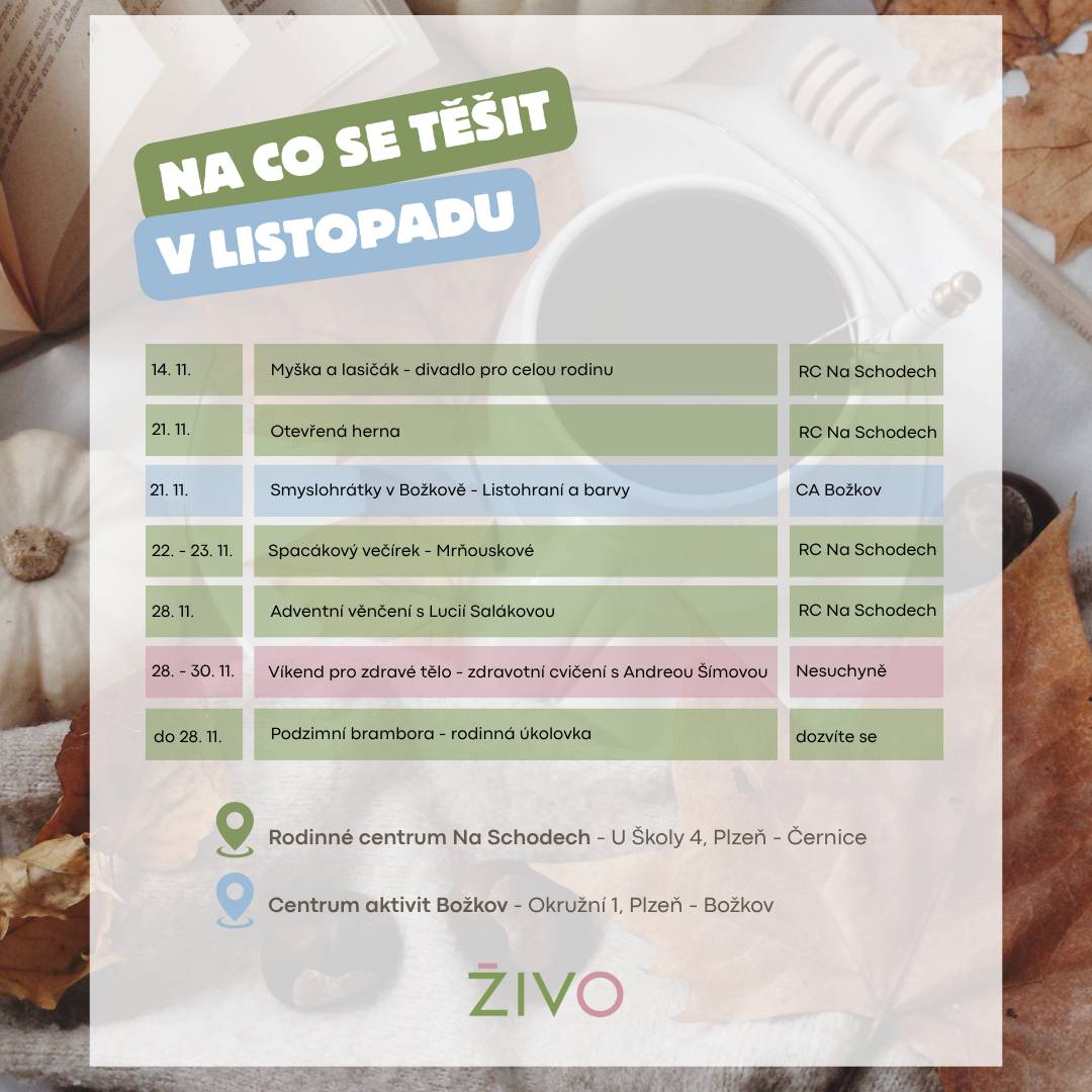 Trochu se zpožděním, přesto je ještě z čeho vybírat 😉 Přehled akcí v Rodinném centru Na Schodech za listopad 🍂