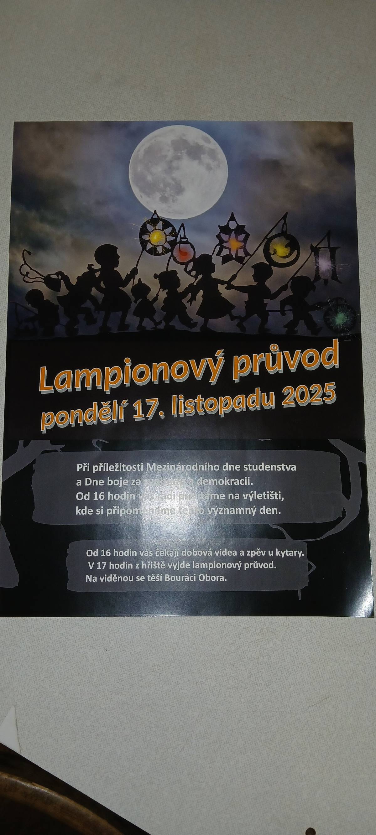 MH Bouráci vás srdečně zvou, při příležitosti připomenutí Mezinárodního dne studenstva a Dne boje za svobodu a demokracii, na lampionový průvod. Bude mu předcházet úvodní slovo a promítání videí a po průvodu bude nachystáno malé občerstvení. Jste srdečně zváni. Začátek 17.11.2025 v 16:00.
